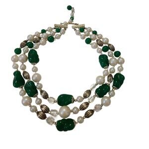Vintage Triple Strand Green Beaded Faux Pearl Choker Necklace 1960s
